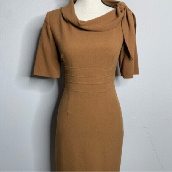 Suite 7 Elegant Camel Cowl Neckline with Shoulder Bow Sheath Dress - Picture 8 of 15